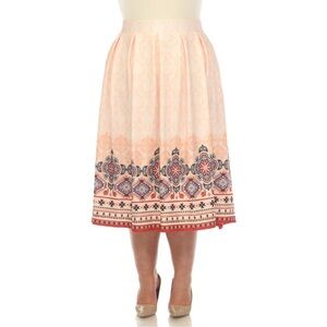 White Mark Women's 2XL Orange Pleated Pull On Midi Skirt With Border Prints